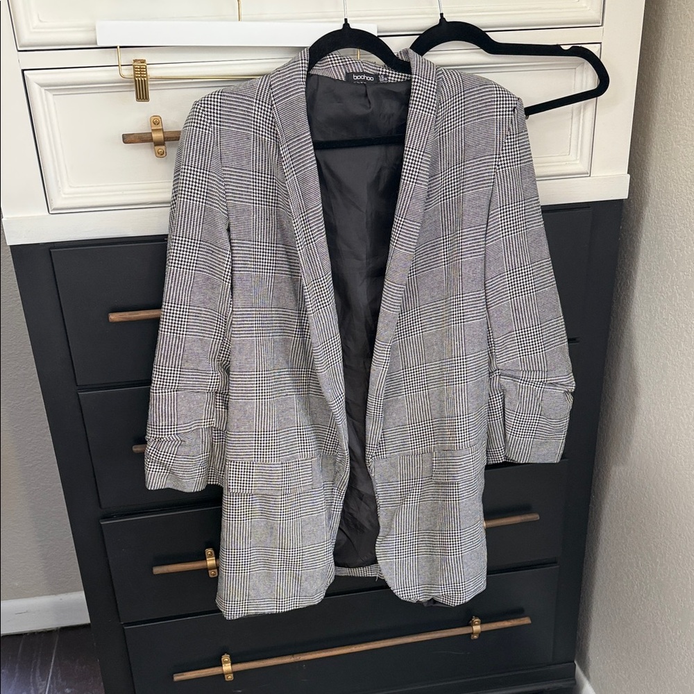 Boohoo Black & White Glen Plaid Open Blazer